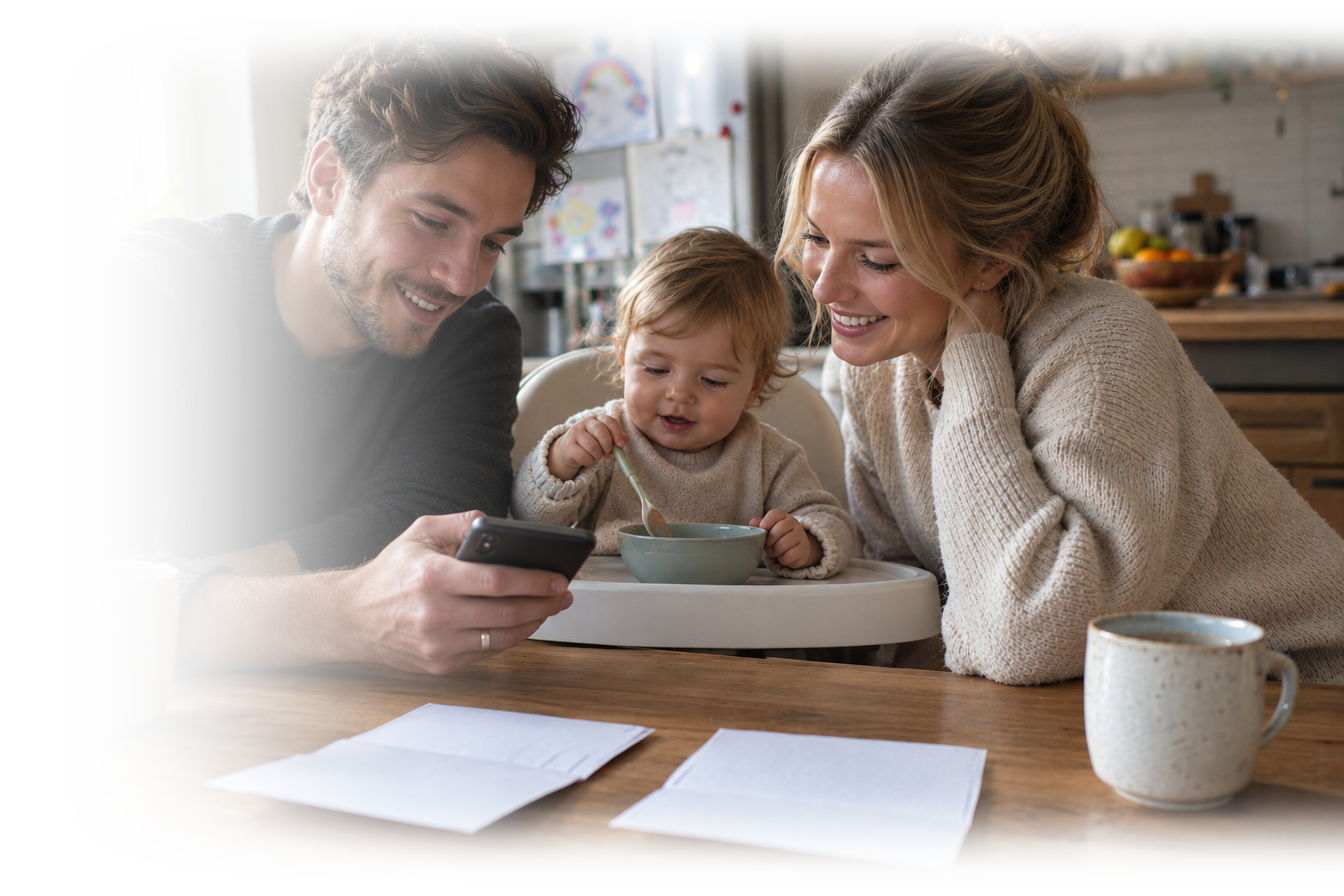 Ein Elternpaar sitzt mit seinem Baby am Küchentisch und schaut zusammen auf ein Handy. Vor ihnen liegen zwei Briefe.